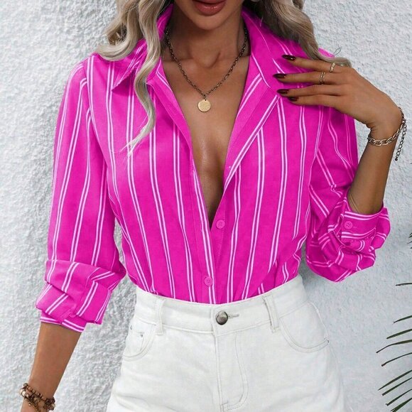 Hot Pink Casual Women's Striped Long Sleeve Shirt - Picture 1 of 6